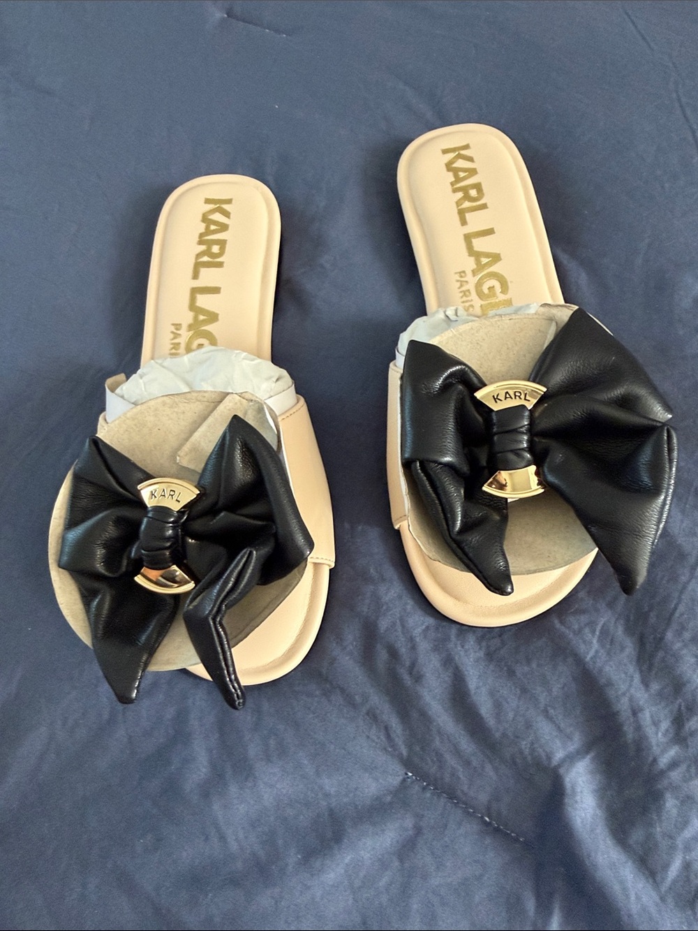 Karl Lagerfeld Beige and Black Slide Sandals with Gold Accent
